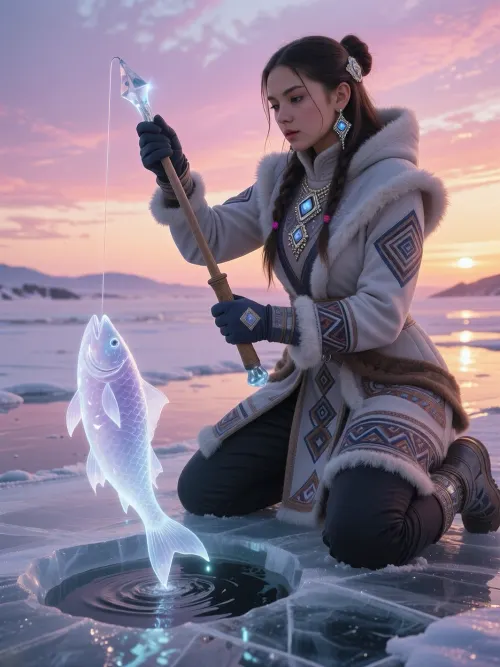 A young, beautiful girl with long dark hair in two braids and a bun at the nape of her neck, secured with a gold hairpin, is kneeling on the snow-covered ice of a frozen lake. It is early morning, with a delicate pink-and-purple dawn sky bathed in the soft, warm light of the rising sun, light clouds, reflections on the ice, she is wearing a warm white winter parka with fur trim, ethnic diamond-shaped patterns, gold jewelry with blue glowing stones, and matching large earrings, dark pants, winter boots, and gloves, holding a magical winter fishing rod for ice fishing, with a shining crystal at the end, she’s catching a fish, the thin line stretching from the crystal to a large, glowing, magical ice fish, the fish is translucent, shimmering with pearlescent blue and violet light, fairytale-like and magical, like the spirit of water. An atmosphere of tranquility and magic, soft, calm morning light with golden-pink glints on the snow and ice, cinematic lighting, high detail, realistic textures of fur, fabric, ice, and water, a fairy-tale atmosphere, masterpiece, best quality, ultra-detailed