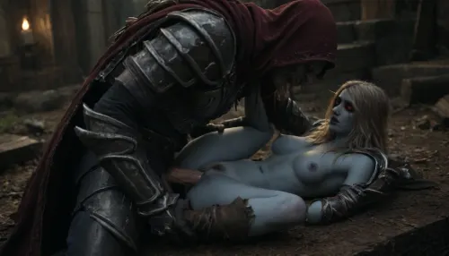 Cinematic still, UHD 8K, ((sylvanas windrunner from warcraft banshee, undead, worn broken black armor on the body and legs, smudged mascaraed, blue skin girle, dirty-blonde pubic hair)), (male penetrates female with penis, missionary vaginal sex with cum), sperms flow on ass and pussy, legs thrown over head, <lora:dark:.1>