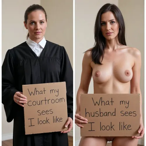 side-by-side two pictures of a sexy 45-year-old brunette judge standing, looking at the camera. On the first picture on the left, she has her hair in a low bun, wears an extremely realistic black judge's robe, holds a handmade sign with text "What my courtroom sees I look like". On the second picture on the right, the same woman is naked, nude, her hair is loose, visible nipples, standing and holding a handmade sign with text "What my husband sees I look like".