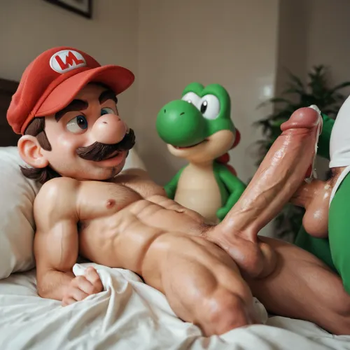 mario-looking adult man fucking luigi-lookng adult man doggie style, huge cock, red hat with "M", Green Hat with "L", scene takes place in Mario bros themed bedroom, Yoshi, mushrooms, green pipes., <lora:Adonis_belt:.8>