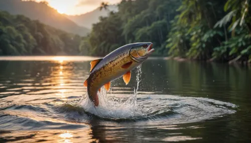 Very realistic, highest quality, full color image, 8K resolution, sunrise, dense tropical forest, lake, bright rich colors, big fish jumping out of the water.