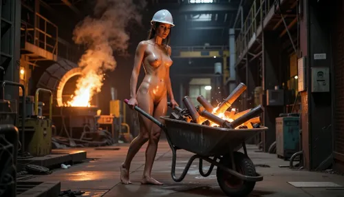 photorealism, masterpiece, a young barefoot slim sweaty naked women wearing a hard hat, she pushes a wheelbarrow loaded with glowing iron through a corridor of glowing blast furnaces in a steelworks.