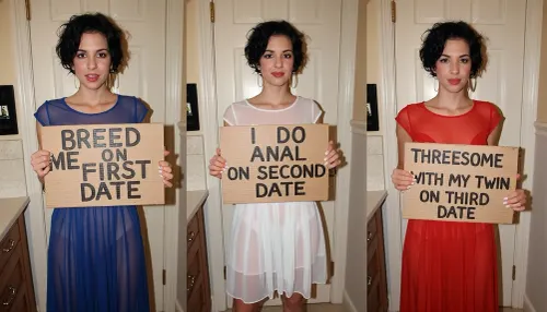 side-by-side three pictures of a young French, slim, woman, with short curly black hair, standing in front of an bathroom door at a restaurant. On the first picture on the left she wears a blue transparent dress, and holds a handmade sign with text "BREED ME ON FIRST DATE". On the second picture in the middle she wears a white transparent dress, and holds a handmade sign with text "I DO ANAL ON SECOND DATE". On the third picture on the right she wears a red transparent dress, and holds a handmade sign with text "THREESOME WITH MY TWIN ON THIRD DATE".