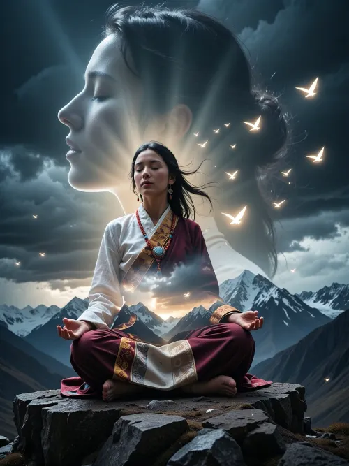 Double exposition. young woman sitting in lotus position on rocky mountain ledge, eyes closed, serene expression, traditional Tibetan robes, hair moved by wind. dramatic storm clouds gathering behind snow-capped Himalayan peaks, divine light rays breaking through dark clouds illuminating meditating figure, vast mountain abyss below, cinematic contrast, warm light on figure cold dark background

a luminous transparent woman head silhouette in background, glowing light birds flying freely inside, hopeful and uplifting mood, minimalist luxury aesthetic, clean composition, soft blue and golden colour palette, ultra realistic, cinematic lighting, editorial quality, highly detailed