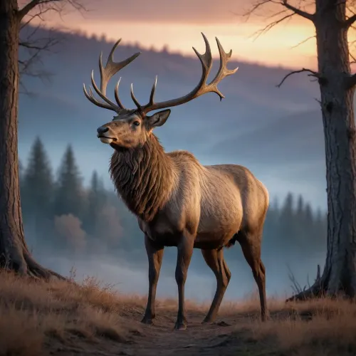 art, majestic elk with large antlers, standing on a grassy hill, twilight sky, eerie atmosphere, glowing sunset, barren trees, dark and mysterious, ethereal glow, soft lighting, calm and serene, nature scene, fantasy setting, surreal, detailed textures, smooth shading, atmospheric perspective, high contrast, moody, fantasy creature, majestic animal, wide stance, front view, dramatic lighting