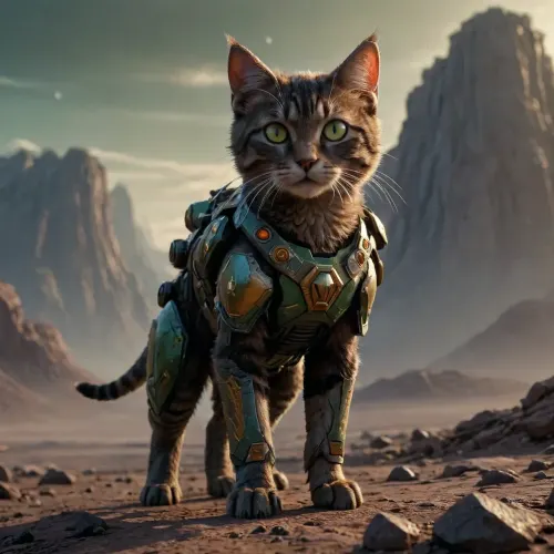 A Rocky strange landscape on an alien planet in space. A cute cat walking upright. Warhammer 40k cat, blood angelss, walking on two feet.A very grimm looking small tabby female cat, european shorthair, (very dark brown-grey short fur, green yellow eyes), space marine armour, terminator. ktt, sw02d_xl, <lora:Kitty LoRA - Trigger with KTT Artstyle:.9>, <lora:Astartes-000007:2>, <lora:Space_Worlds_02_Dark_xlv1:1.4>