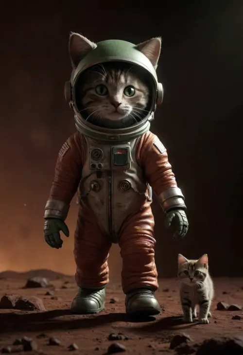 A Rocky red landscape on red planet Mars, space. Bright orange Red sunrise. A cute cat walking upright. Cat is smiling, walking on two feet.A very cute tabby female cat, (very dark brown-grey fur, brown-green eyes), in a toy spacesuit with astronaut helmet. She is holding a toy laser gun, toy laser pistol. ktt, artstyle, gloomy, yinan, <lora:Kitty LoRA - Trigger with KTT Artstyle:.9>, <lora:gloomyXL:1.8>, <lora:dark:.6>, <lora:EnvyPulpScifiXL:.8>