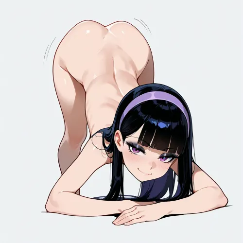 Single character, Trixie Tang, bent over, back arched, Derpixon style, simple cartoon, bold black outlines, vibrant flat colors, without shading, clean lines, white background, slim petite build, flat chest, long straight jet-black hair, blunt bangs, lavender headband, large light-blue almond-shaped eyes, heavy black eyeliner, soft lavender eyeshadow, confident half-smile, elegant facial features, slightly smug expression, naked body, full body view, maximum simplicity, clean flat coloring, no complex details, no gradients, no shine.