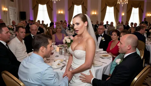 a striking busty bride in a white dress, she is, ((being fucked by two men)), one man in front, one man from the back, on a festive table during the wedding banquet, family and parents are watching in their best clothes, a large banquet hall