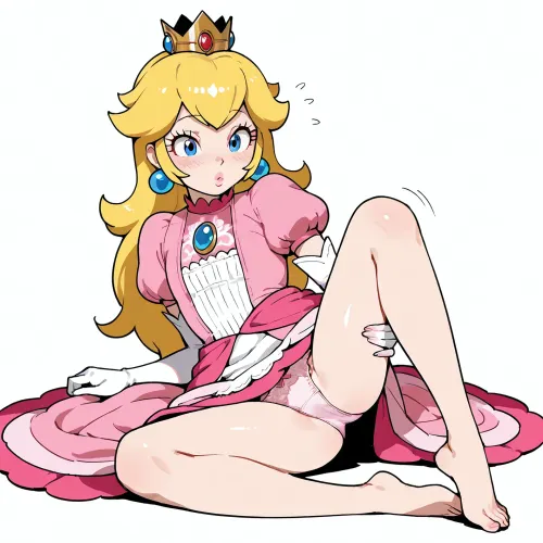 Single character, Princess Peach, lying on side, one leg lifted towards chest, Derpixon style, simple cartoon, bold black outlines, vibrant flat colors, without shading, clean lines, white background, small petite body, flat chest, long blonde hair, pink dress, blue eyes, cute innocent face, slight blush, aroused expression, full body view, maximum simplicity, clean flat coloring, no complex details, no gradients, no shine. The Cowgirl, Peach is straddling her partner, her blonde hair wild, her blue eyes filled with passion. Her pink dress is pushed up, her legs spread wide. She's wearing a pair of pink lace panties, and her face is flushed with arousal.
