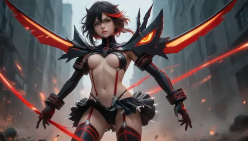 Ryuko Matoi from kill la kill, she is wearing Senketsu, a ridiculously skimpy, red and black monokini. She has thigh high boots that are black with red trim. She is wearing a very short black skirt with white trim. She has medium length black hair with a red streak. She has blue eyes.
