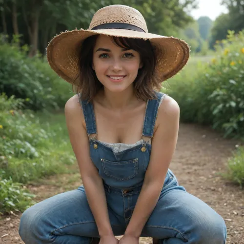 ultra realistic, high details, 4k, high detailed textures, 27yo shepherdess, cute, natural, brouwn hairs, realistic face, realistic body, smile face, overalls, no bra, round tits, straw hat, curves, downblouse, meadow, squatting, petting a sheep, sunlight, sheeps background