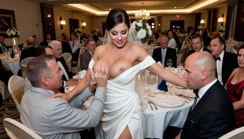 a striking busty bride in a white dress, she is, ((being fucked by two men)), one man in front, one man from the back, on a festive table during the wedding banquet, family and parents are watching in their best clothes, a large banquet hall