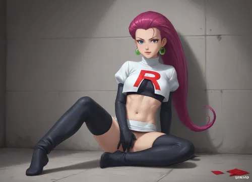 anime-style image of the character Jessie, a member of the famous villainous organization Team Rocket from the pokémon franchise .

She has her characteristic long, voluminous hair in magenta, (or pinkish-red), color, shaped into a large back curve. Her eyes are blue, she wears spherical hoop earrings in green color and displays a confident expression, with a slight sarcastic smile on her face.
Wears the classic Team Rocket uniform, a white turtleneck crop top with the red letter "R" emblazoned across the chest.
Under the top, she wears a black short blouse that leaves the abdomen area fully exposed.
Sit on the floor, self masturbating.
At the bottom, she wears a low-waisted white microskirt.
The look is completed by long black gloves that go up to the arms and high black stockings that cover the thighs, (thigh-high style), She is leaning against a gray-green textured concrete or metal wall, which has some cracks and screw marks, suggesting an industrial environment, hiding place or alley.
The lighting is directional, coming from the upper left corner, creating marked shadows on the wall and highlighting the silhouette and defined musculature of his abdomen., skirtlift, <lora:skirtlift_xl:.8>