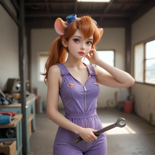 Gadget Hackwrench from Chip 'n Dale Rescue Rangers, 1990s anime style, anthropomorphic mouse girl engineer, strawberry-blonde ponytail, blue eyes, lavender mechanic jumpsuit, purple goggles on forehead, holding wrench and microchip, retro workshop background, cel-shaded, flat colors, soft gradients, VHS grain, aspect, nostalgic 90s anime aesthetic.A character from the cartoon "Chip and Dale, Rangers Rescuers", in the anime style of the 1990s, an anthropomorphic mouse engineer girl, a blond ponytail, Her light red hair was pulled back in a disheveled ponytail. naked, exposed skin, sexy body, exaggerated curves, big breasts, wide hips, body accent, small firm breasts, thigh accent, buttocks, seductive pose, sexy pose, sensual facial expression, parted lips, adult content, NSFW, 18+, hentai style, erotica, camera focus on intimate parts of the body