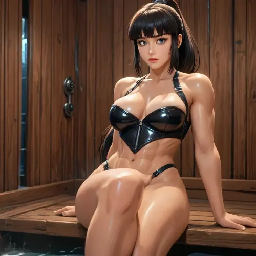 jeanne alter from fate dross style 20 years reiq masterpiece, cel-shaded, limited color palette, ((Beautiful Muscles Sexy Eve from Stellar Blade game body:1.3)), 1girl, solo, alone, (athletic, wide, build, body), (seductive face, black hair tied in a long ponytail, and bangs, ads, big perfect breast, muscles, perfect legs, feet, wide hips, big perfect hard ass, sweaty body), ((Eve from Stellar Blad power suit Outfits)), (camel toed), (front facing standing playful posing), (sauna, steam, hotel), ultraviolet light, LoL, Style, stelbldeve, woman, fine_ascxl, anime, screencap, <lora:LCMTurboMix_Euler_A_fix:2>, <lora:EnvyCuteXL01v12:2>, <lora:StelBldEveXL:2>, <lora:cyber_fantasy:2>, <lora:Anime_Screencap_Enhancement-v1:2>