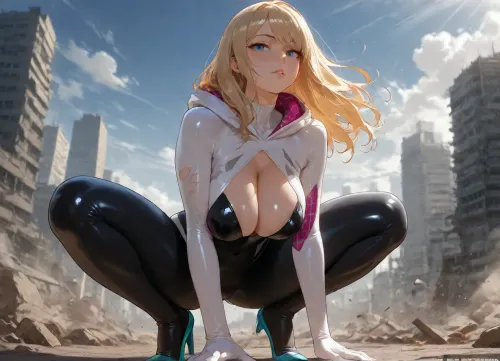 This is a highly detailed, digital CGI artwork depicting a young, blonde-haired woman with light skin and blue eyes, crouching on all fours in a post-apocalyptic urban setting. She has a slender yet athletic build with small to medium-sized breasts. Her outfit is a form-fitting, black and white superhero-style costume with a plunging neckline that accentuates her chest. The costume features pink triangular patterns on her shoulders and forearms. Her expression is intense and focused, with slightly parted lips and wide, determined eyes. The background shows a cityscape with tall, crumbling buildings, debris scattered on the ground, and a cloudy, blue sky. The texture of the costume is smooth and shiny, contrasting with the rough, damaged textures of the buildings. The lighting in the image is natural, with sunlight casting shadows that enhance the depth and realism of the scene. The overall style is reminiscent of modern, high-quality anime or video game character art, with a focus on realism and dynamic posing. The artist's watermark, "Patreon.com/OK, " is visible in the top right corner, Masterpiece, best quality, ultra-detailed, 8k, cinematic lighting, A beautiful blonde Spider-Gwen style heroine, shoulder-length blonde hair, big bright blue eyes, perfect cute face with slight blush, Wearing a tight white and black spider suit with pink spider-web accents on arms and shoulders, the suit has a very deep cleavage cutout exposing massive breasts, form-fitting on her body, In a low crouching pose on all fours on the ground, knees spread, hands on the floor, looking up at viewer seductively, Post-apocalyptic ruined city background with destroyed buildings, debris, dramatic daylight with sun rays, dust in the air, Glossy latex-like suit texture, detailed fabric, perfect anatomy, seductive expression, dynamic heroic pose.