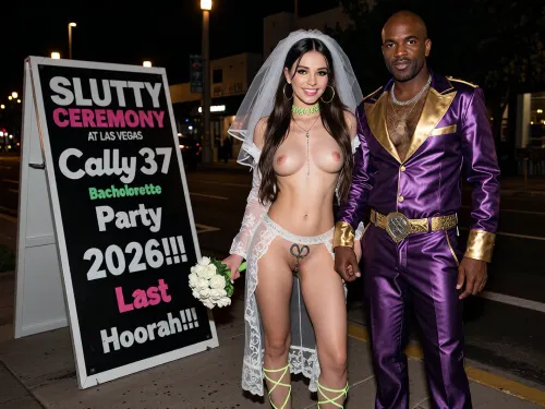 SLUTTY masterpiece, (SLUTTY CEREMONY AT LAS VEGAS), (((large A-frame sidewalk sign with bold font beside her reads "Cally37 Bachelorette Party 2026!!! Last Hoorah!!!", fully legible, well lit:1.5))), best quality, highly detailed, score_9, score_8_up, score_7_up, (BEAUTIFUL FLAT BELLY, PERFECT SHAPE), (SHE IS PROUDLEY WALKING HOLDING HANDS WITH HER FIANCE AN very dark skinned BLACK BALD PIMP), (nude, extreme beautiful PROSTITUTE SKINNY girl), (SKINNY:1.2), 21yo, (NARROW HIPS, NARROW WAIST), (short torso:1.5), ((RADIANT SMILE OF SLUTINESS)), ((long STRAIGHT STYLISH brunette hair)), ((SHE IS GREENEYED EUROPEAN girl, focus detail decorative golden EYES)), (PALE FRECKLED skin:1.2), (LONG NEON NAILS), (SHE WEARS A NEON LACE CHOKER, NEON TRANSPARENT VEIL, white bridal veil, silver waist chain with The Love Symbol, also known as The Artist Formerly Known as Prince, pendant, PROSTITUTE NEON PLATFORM HIGH HEELS, WHITE BOUQUET, NEON TRANSPARENT LACE ROBE, NEON HOOP EARRINGS), (NATURAL HAIRY PUSSY), (the most perfect beautiful CUTE babe TENDER face:1.3), (AROUSED face), pleasurable orgasm, LATE HOT NIGHT, (INSIDE, CROWDED STRIP CLUB BRIDESMAIDS PROSTITUTES, PEOPLE ARE DRESSED FOR A BROTHEL, NATURAL colors, BLACK LIGHT), ((she is with HER BALD PIMP)), (BLACK BALD PIMP IS DRESSED WITH EXTRAVAGANT PURPLE/GOLD PIMP SUIT), (full SENSUAL lips), ((GOLDEN MAKE UP, RED GLOSSY LIPSTICK, heavy SLUTTY eyeliner, extreme long SLUTTY eyelashes)), full bodies view, ultra detailed, (photorealistic:1.5), 8k, UHD, (distant viewpoint:1.1), ((FRONTAL VIEW)), real image, (hyper realistic:1.5), (((((((((((((flat, very flat, petite, puny, small, mini-breasts:1.7))))), ((((((with perfect puny tiny petite flat tits:1.9)))))), ((((((small tiny thin puny flat, flat upper torso:1.9))), ((((small puny petite breasts, flat flat chest:1.9))))))), ((((her breast are extremely small, tiny, and a bit saggy, flat, they've seen better days:1.7)))))))))))), (wide diameter areolas), (long VERY erect nipples:1.3), wide tall nipples, CURRENT MODERN TIMES