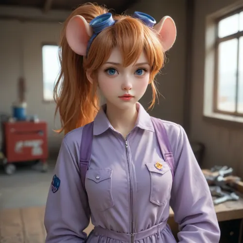 Gadget Hackwrench from Chip 'n Dale Rescue Rangers, 1990s anime style, anthropomorphic mouse girl engineer, strawberry-blonde ponytail, blue eyes, lavender mechanic jumpsuit, purple goggles on forehead, holding wrench and microchip, retro workshop background, cel-shaded, flat colors, soft gradients, VHS grain, analog TV feel, (4:3), aspect, nostalgic 90s anime aesthetic.