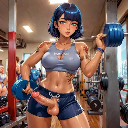 noelle from genshin impact dross style 20 years reiq meets, (Futanari:2), fully naked, short black hair, tan skin, tanlines, visable abs, in a gym, gym shorts, (covered in tattoos), sweating, <lora:add-detail-xl:1.2>, <lora:attractive_notrigger:1.2>, <lora:detailed_notrigger:1.2>, <lora:LCMTurboMix_Euler_A_fix:1.2>