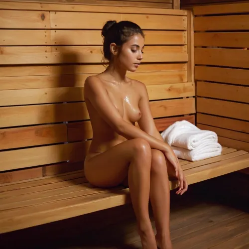 Sexy 18 year old woman from Mexico, sitting on a bench in a in a steamy sauna, pretty feet, beautiful petite breasts, thin body, athletic body, sweaty body, wet hair, legs spread wide open, fingering wet, dripping pussy, shaved pussy