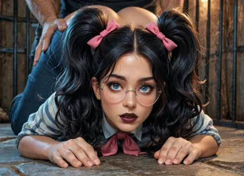 reiq style, (girl 25 years old wears glasses with round lenses and thin frames:1.3), light blue eyes, black lipstick, dark goth makeup, (black hair styles short wavy hair in high twin tails with pink bows in hair), doggystyle, fucked by captian america, front view, standing doggystyle, sad, big butt, torn clothes, hair pulling, good lighting, Prison, full body view, <lora:detailed_notrigger:2>, <lora:add-detail-xl:.8>, <lora:LCMTurboMix_Euler_A_fix:.8>