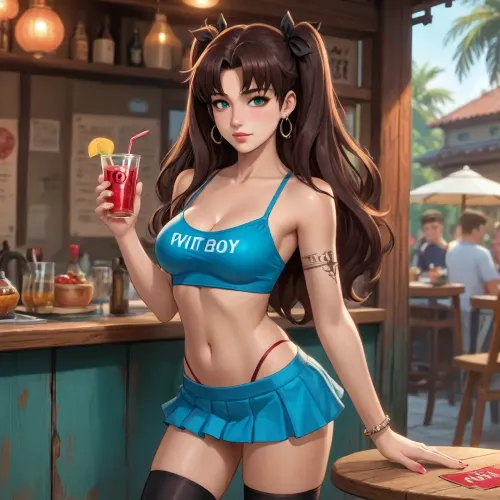 rin tohsaka from fate zero dross style reiq meets 18-year-old Colombian skater, brunette, busty, with tattoos all over her body, green eyes, slim waist, She's having a drink in a VIP box wearing a micro skirt and a very short thong top.