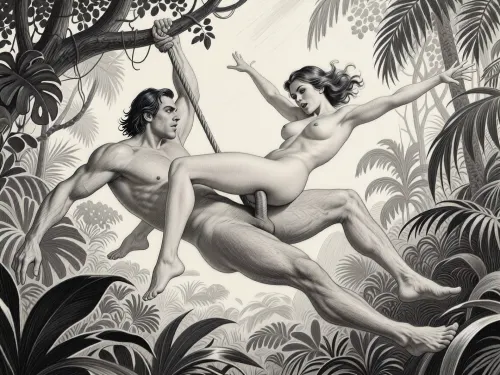 This is a detailed monochromatic pencil drawing in a classical illustrative style depicts a scene set in jungle. 1950s. extremely stylized background, BDSM.
--------------------------------------------------------------------------------------Tarzan and Jane have sex in the air. Tarzan swings on a rope with Jane on his big cock. Jane has her arms spread as she flies with Tarzan. Tarzan's cock is deep in Jane's ass. Front view, looking at viewer.
--------------------------------------------------------------------------------------
The overall style is a black and white pencil realistic drawing, capturing a candid moment. The scene has a formal, organized atmosphere. The overall mood is intense, rendered in fine, expressive line work and subtle shading, evoking the style of 1950s satirical or moralistic illustrations.