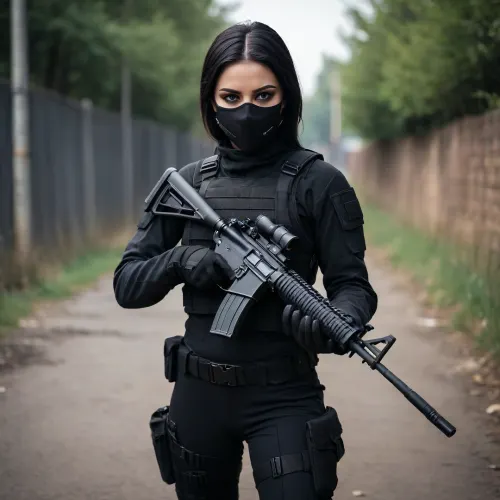 Girl holding a rifle on shoulder, in full black Tactical suit, wearing a mask, 8K quality, looking towards the camera, full body in image, black hair, black eye shadow, head tilted back a bit