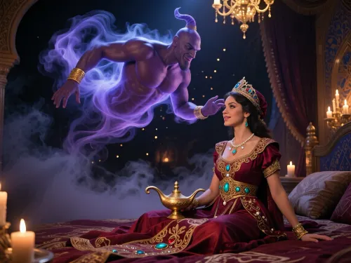Fantasy setting, cgi Render with imperfections saturated purple colors Style, The scenario is enveloped in the deepest darkness imaginable, filled with thick, swirling steam and smoke that obscures every surface, the air is heavy, dense, and the faintest glimmers of light barely penetrate the suffocating haze, extreme low light, Ultra realistic cinematic, A photorealistic cinematic Arabian Nights... Masterpiece, vertical composition inside a magnificent royal Arabian palace bedroom, with warm low lighting from candles and golden chandeliers. The genie dominates the entire upper half of the image, floating freely above a lavish canopy bed. His massive upper body formed from one continuous swirling vortex of living blue-purple smoke, visible arms and chest, gently turning and leaning toward the princess, warm gentle smile, expressive eyes meeting hers, jeweled turban and golden armlets subtly embedded in the smoke, glowing particles drifting around him. The princess is in the lower left quarter of the frame, noticeably smaller in scale. Seated cross-legged on the bed, actively polishing a small traditional golden magic lamp with the classic rounded body and curved spout. She's wearing a richly embroidered crimson and burgundy silk gown with gold filigree, turquoise gems, emeralds, rubies, and pearls, and an ornate royal crown. Her posture is elegant, head tilted up, eyes locked with the genie's in a first moment of recognition. Uh, keep textures ultra-detailed, cinematic volumetric lighting, warm amber highlights, turquoise shadows