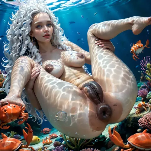 (Wide angle:1.6), underwater, small fish, crabs, octopuses, corals, algae, (very bright:1.5), (skinny:1.4), ((full body view)), midget girl, flexible legs, (dark anus:1.7), (dark pussy:1.5), (very dark perineum:1.9), perfect details, photorealism, nude, shaved, (tiny feet:1.2), focus anus and feet, (white skin:1.6), very shiny skin, long hair, colorful hair, (moving hair:1.5), big pear breasts, large areolas, sagging breasts