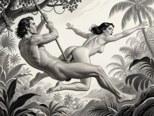 This is a detailed monochromatic pencil drawing in a classical illustrative style depicts a scene set in jungle. 1950s. extremely stylized background, BDSM.
--------------------------------------------------------------------------------------Tarzan and Jane have sex in the air. Tarzan swings on a rope with Jane impaled on his big cock. They have sex from behind in her ass, and Jane has her arms spread as she flies with Tarzan. Tarzan's massive cock is deep in Jane's ass. --------------------------------------------------------------------------------------
The overall style is a black and white pencil drawing, capturing a candid moment. The scene has a formal, organized atmosphere. The overall mood is intense, rendered in fine, expressive line work and subtle shading, evoking the style of 1950s satirical or moralistic illustrations.