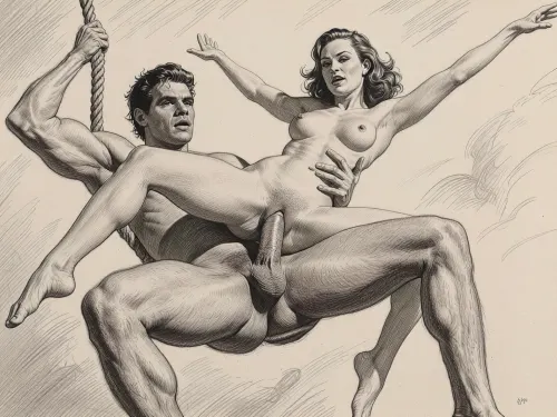 This is a detailed monochromatic pencil drawing in a classical illustrative style depicts a scene set in 1950s Tarzan and Jane have sex in the air. Tarzan swings on a rope with Jane on his big cock. Jane has her arms spread as she flies with Tarzan. Tarzan's cock is deep in Jane's ass. Front view, looking at viewer. The overall mood is intense, rendered in fine, expressive line work and subtle shading, evoking the style of 1950s satirical or moralistic illustrations.