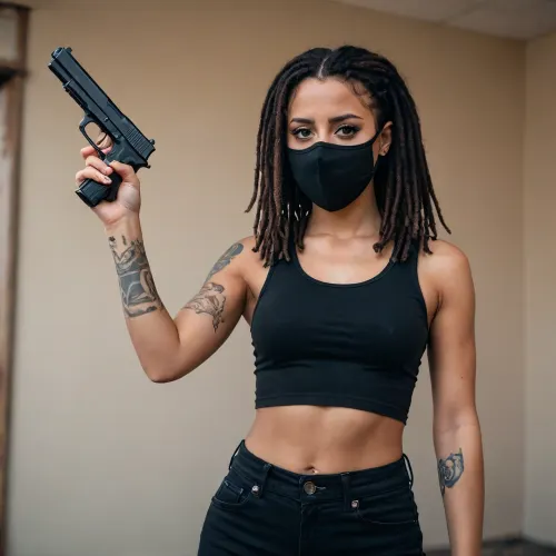 Tan girl holding one pistol in her right hand straight up in the air, wearing a black crop top, wearing a mask, 8K quality, eyes looking towards the camera, black dreads, black eye shadow