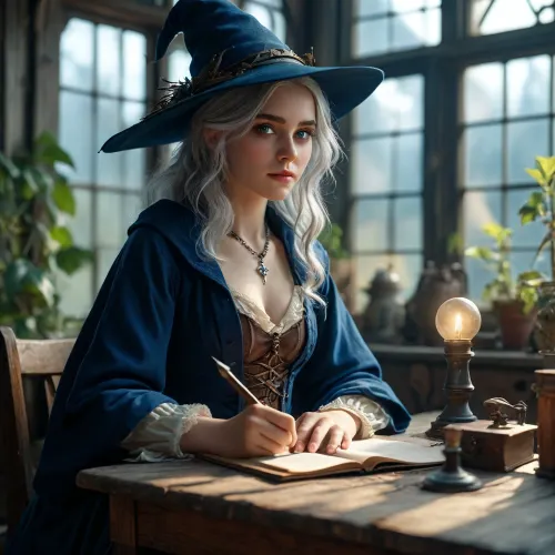 (warm ambient light:.5), (shadows:.4), 8k, best quality, (masterpiece), (intricate details), 1 42 year old girl, sitting at a desk in an old greenhouse, full body view, silver hair, perfect eyes, perfect face, perfect lighting, beautiful, high detail, octane render, detailed eyes, (full-body shot), (sexy female wizard teacher), holding a small wizard wand, black wizard hat, black wizard school uniform, black wizard cloak, boots, black eyeliner, deep cleavage, firm breasts, athletic body, silver necklace, no panties, JS_ShortSkirt, bright, blue, eyes, <lora:MJ52:.8>, <lora:Portrait_perfection:.8>, <lora:bright_blue_eyes:.8>