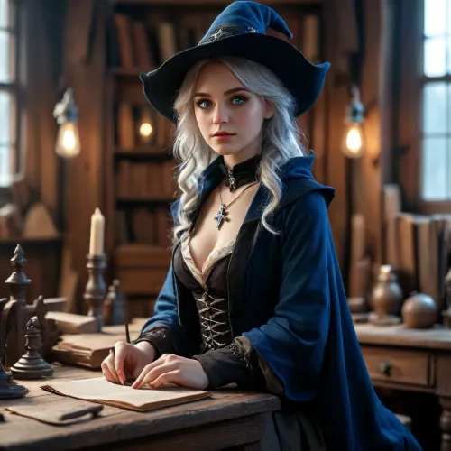 (warm ambient light:.5), (shadows:.4), 8k, best quality, (masterpiece), (intricate details), 1 42 year old girl, sitting at a desk in an old carpentry, full body view, silver hair, perfect eyes, perfect face, perfect lighting, beautiful, high detail, octane render, detailed eyes, (full-body shot), (sexy female wizard teacher), holding a small wizard wand, black wizard hat, black wizard school uniform, black wizard cloak, boots, black eyeliner, deep cleavage, firm breasts, athletic body, silver necklace, no panties, JS_ShortSkirt, bright, blue, eyes, <lora:MJ52:.8>, <lora:Portrait_perfection:.8>, <lora:bright_blue_eyes:.8>