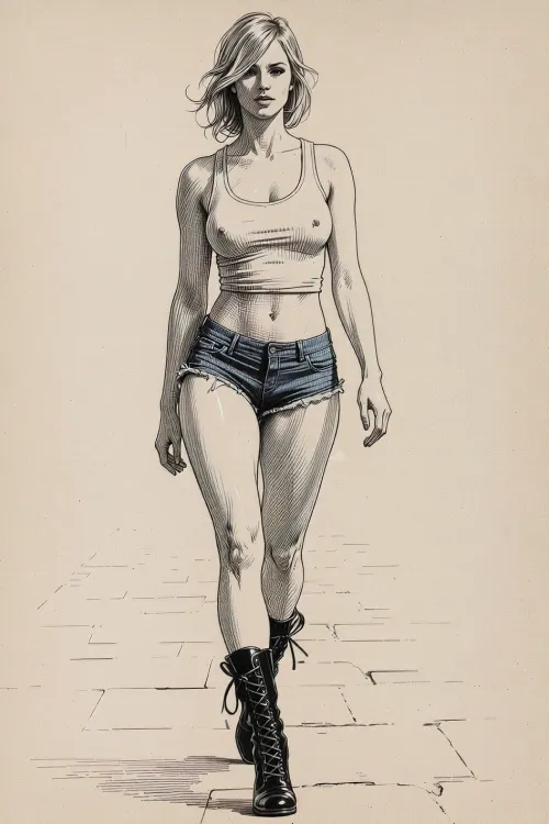 This is a highly stylized monochromatic pencil drawing in a classical illustrative style, -----
ultradetailed full body 2/3 front view high quality picture of a very athletic very busty very slutty woman in her mid-twenties, captured while walking in the streets of London, blonde hair styled in asymmetrical cut with swooping bangs, old-looking black high laced military-style heeled boots, tight very short white tank top with deep neckline, (ultra-sexy ultra-short ultra low-rise ultra tight cut-off blue worn jeans booty-shorts:2), (cheeky shorts), revealing most of her butt, tiny feet, long muscular legs, thick thighs, (booty:3), short torso, hourglass figure, nipple outline
----
Style of Stramaglia. Style of Bruno LeCoq. Style of Gotha. Drawn using line drawing and cross-hatching techniques to create volume, depth, and shadows. Drawn on textured paper. Fine lines and shading are visible throughout the drawing. Pen and ink style. Fine marine ink, fine pen and ink lines, surgical precision strokes in the fine
masterpiece, composition emphasizing movement of the legs leading up to the butt