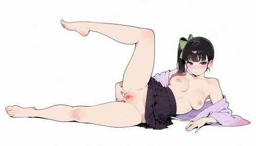 derpixon style, simple cartoon porn, bold black outlines, vibrant flat colors, without shading, clean lines, white background, Kanao Tsuyuri, long black hair with pink tips, purple eyes, pleasure face, partially clothed, haori falling off shoulders, skirt bunched at waist, lying on side, one leg raised, fingers deep inside pussy, other hand groping breast, detailed spread labia, full body side view, maximum simplicity, clean flat coloring