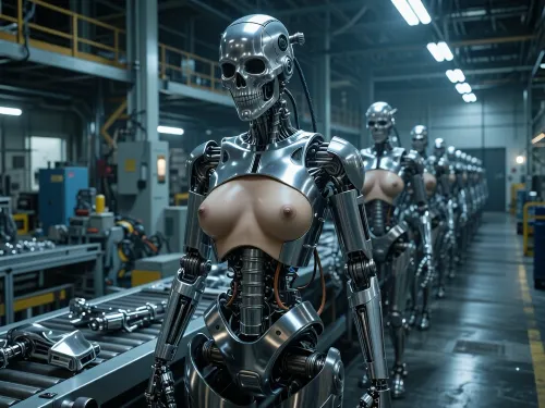 factory interior, assembly line, conveyor belt, industrial machinery, automated production, (robotic female torso:1.2), (detached torso parts:1.2), (mechanical breasts:1.2), (bare robot chest:1.1), incomplete robot chassis, mass production line, robot parts scattered, (T-800 style endoskeleton:1.1), full metal body, polished chrome, metallic sheen, (female robot skeleton:1.1), metal skull face, feminine skull structure, hollow eye sockets, (metallic breasts:1.2), (chrome chest plating:1.1), exposed mechanical joints, hydraulic pistons, cable wiring, skeletal frame, identical androids, patrolling in formation, guard robots, dim industrial lighting, overhead fluorescent lights, cold blue tint, steel catwalks, factory floor, wide shot, deep perspective, sci-fi, dystopian, detailed mechanical design, intricate metalwork, photorealistic, high detail, 8k