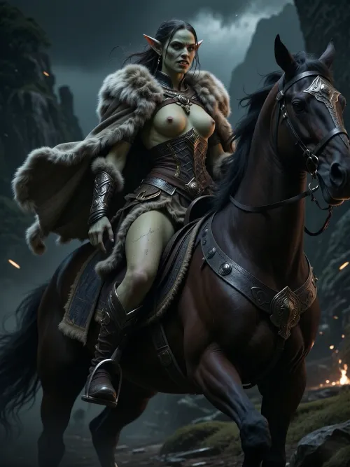 A stunningly beautiful Orc warrior with delicate, alluring features, sparkling eyes and triangular ears, as well as an athletic build, a row of slender fangs resembling a smile, and green skin with a natural texture, she is clad in an elegant and exquisite fur-trimmed cloak over richly adorned dark armour, astride a powerful warhorse, galloping through an atmospheric dark fantasy landscape under cinematic lighting — a masterpiece, hyper-realistic, in 8K resolution.