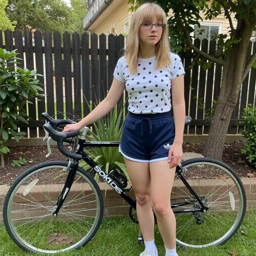 25-year-old polish girl messy blonde bangs shoulder length hair. 1980s Jackie-O glasses. White polka dot t-shirt, navy blue 1980s adidas terry cloth volley-ball shorts, short white socks, sneekers. oval face, small nose, high cheek bones, narrow mouth. backyard summer, standing beside her sekine 10-speed bicylce