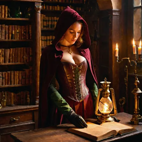 We witness a young woman entering the workroom of the Royal Alchemist through a secret trapdoor, carrying a lamp and holding a leather-bound folio close to her chest as she glances toward the door. She wears a fitted burgundy corset embroidered with golden alchemical symbols, dark leather gloves reaching past her elbows, and a hooded cape draped over one shoulder. Behind her, tall wooden shelves overflow with ancient books, glass vials, and dried herbs hanging from the ceiling. A single oil lamp on the desk casts flickering amber light across scattered tools —a brass astrolabe, an open notebook covered in cryptic diagrams, a small vial of glowing green elixir. In the corner, the elderly alchemist, bald-headed with a long beard, is engrossed in an experiment, mixing magical glowing potions from one strangely shaped glass vessel to another, too engrossed to notice anything occurring. Shadows stretch long across the stone floor. The mood is tense and secretive, rich with warm firelight and deep shadow, cinematic composition, shallow depth of field.