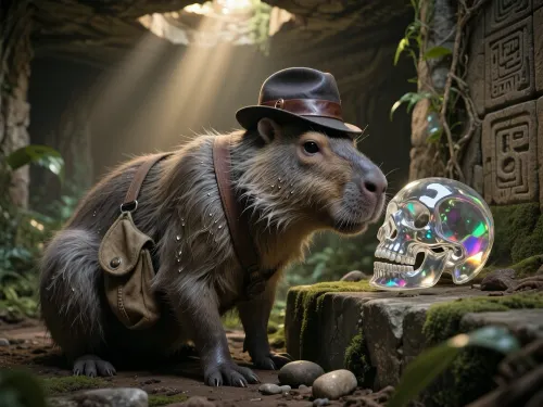 “Capybara Jones” is a rugged, world-weary capybara with a stoic, focused expression, captured in the moment of a tense discovery. He is rendered with meticulous detail, his coarse, graying fur is matted with jungle dirt and glistening droplets of moisture. He wears a miniature, perfectly tailored leather felt hat pulled low over his eyes, and a tiny, time-worn canvas bag is slung across his broad chest. Jones sits uneasily on the edge of a crumbling, moss-covered limestone altar in a dim Mayan underground chamber, where rays of golden light, streaked with dust, filter through the collapsed ceiling, illuminating his trophy. He gently nudges with his blunt snout a translucent Maya skull, artfully carved from crystal, this skull is an iridescent masterpiece of quartz, refracting the jungle light into a spectrum of prismatic glints on its wet nose. In the background is a blurred expanse of suffocating greenery and ancient stone walls speckled with hieroglyphs, down which prehistoric vines cascade, while the foreground captures several scattered pebbles tumbling downward, suggesting that the altar is beginning to crumble. The shallow depth of field emphasizes the tactile contrast between the coarse texture of the capybara’s fur and the deadly, cold smoothness of the crystal artifact—a breathtaking wildlife photograph capturing an impossible adventure.