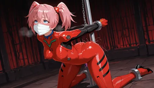 milim_nava from tensei_shitara_slime_datta_ken, wearing red plugsuit, kneeling on metal floor, hands restrained on metal pole with chains, clear face mask attached to pole with black hose, white vibrator inserted in pussy, blushing, eyes looking up, sweat, dungeon setting, industrial background, red lighting, anime art style, fanart, explicit, nsfw