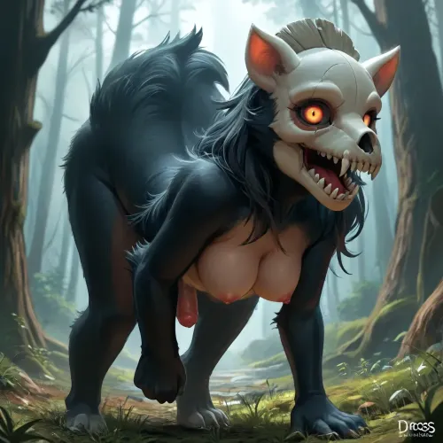 noelle from genshin impact dross style reiq meets one masterpiece, furry, solo, female, anthro, black fur, black body, (body fur:1.2), malo, scp-1471, medium breast, (skull head:1.1), looking at viewer, (dark forest:1.1), night, flaccid, large, penis, testicles, cock, sheath, dark, pink, <lora:malo-newB:1>, <lora:BGV5EX:.5>, <lora:Flaccid  Horse Penis:.5>, <lora:epi_noiseoffset2:.8>, fhb, <lora:5_fhb-64:.5>