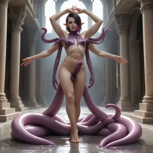 elf twink, purple skin, bone spikes growing out of skin, glowing eyes, purple eyes, dark purple penis, huge penis, spiked penis, mutated penis, full body, black sclera, muscular, muscular femboy, side shave, black hair, purple highlights, towering tall femboy, textured penis, mysterious purple haze, penis tentacles, erect penis, standing in a puddle of purple goo, tentacles growing out of the purple goo, reaching out to viewer with one hand, tentacles stretching towards viewer, they are about to fuck every hole in the viewers body, they will fuck viewer to the point his holes are permanently stretched, covered in slime, tentacles coiling around arms and legs, ancient mysterious temple, weird mutations in body, (too long arms, deformed patches of skin, small tentacle in hair, 6 arms), arms open welcoming you into the corruption, soft loving expression, motherly expression, <lora:TwinksAnatomyXL_v1.0:.8>