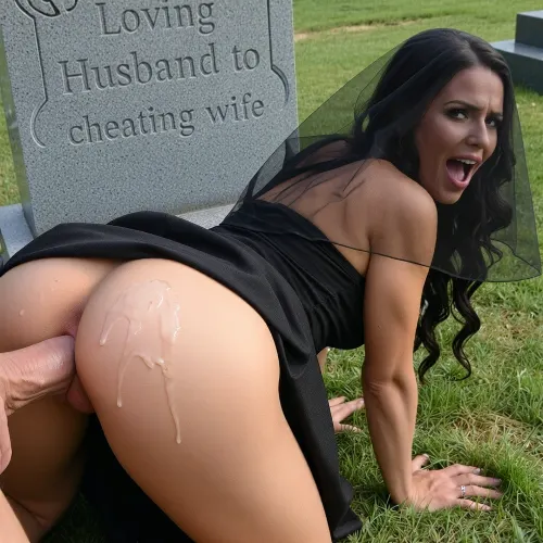 View from side, aerial view, Close up of a cute, adorable, stunning 30 year old widow being fucked from behind in a graveyard. Black transparent veil covers face, black dress lifted over ass, she is facing tombstone being fucked from behind, on all fours, long wavy dark hair. She has cum all over her, orgasm expression. . Erotic photography. 32k. Ultra hight quality. Tombstone in background has'Loving Husband to cheating wife' engraved on it, In a graveyard
