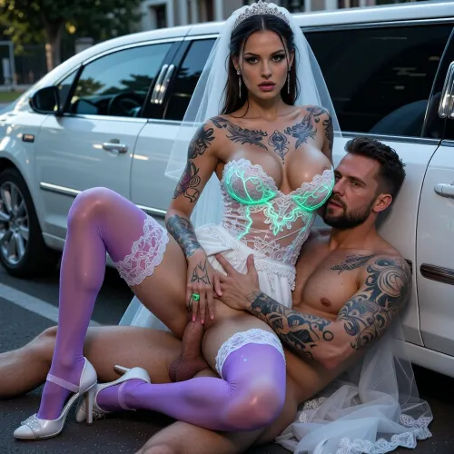 Bulgarian naked beauty in glowing ultraviolet lace, very big boobs, fit body, rich uv highlight color tattoos that glow under blacklight, ("UV blacklight photography, fluorescent body paint"), glowing details everywhere, Super clear, highly detailed, modern technique, plus colored alcohol ink, style of HR. Giger, many mystical tattoos, A woman in a white wedding dress and purple stockings poses seductively in a white limousine, the scene is bathed in natural light and showcasing the intricate details of the dress, veil, and high heels. One gay is lying on his stomach while another gay is lying on top of him and fucking him from behind very close hug, beard, broad shoulders, muscular build, short hair, blue eyes, realistic photo, 8k, full body