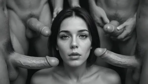 ((artistic black and white image:2)), (front view of one 50 years old naked 160 cm tall mom), nude woman, ((woman facing the camera)), woman is surrounded by penises, brunette hair, blunt bob cut hair, (mouth closed), saliva on her face, saliva on her lips, Film Noir scene, sensual image, (woman looking straight at viewer), ((Front facing portrait)), strong contrast between light and dark, (four men standing sideways around woman out of frame), ((penis)), (an erect 17cm Caucasian penis directed to woman's face from side), (woman's lipstick is smeared out)