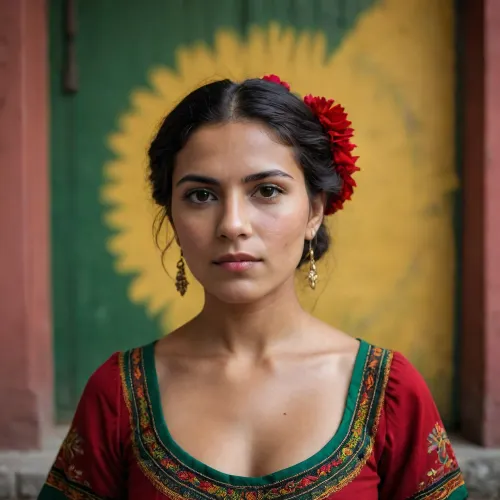 a very beautiful León Mexico woman, background León Mexico, yellow, green, black, red